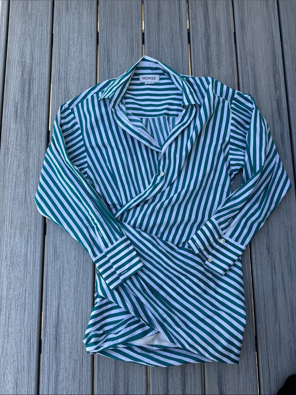 MONSE Green and White Striped Wrap-Style Button Mini Shirt Dress 4